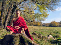 Meditating Buddhist monk with a teddy bear